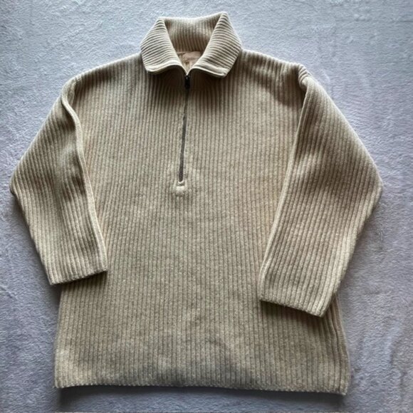 H&M Cream Ribbed Wool and Cashmere Quarter Zip Sweater with Collar-Size M - Picture 1 of 5